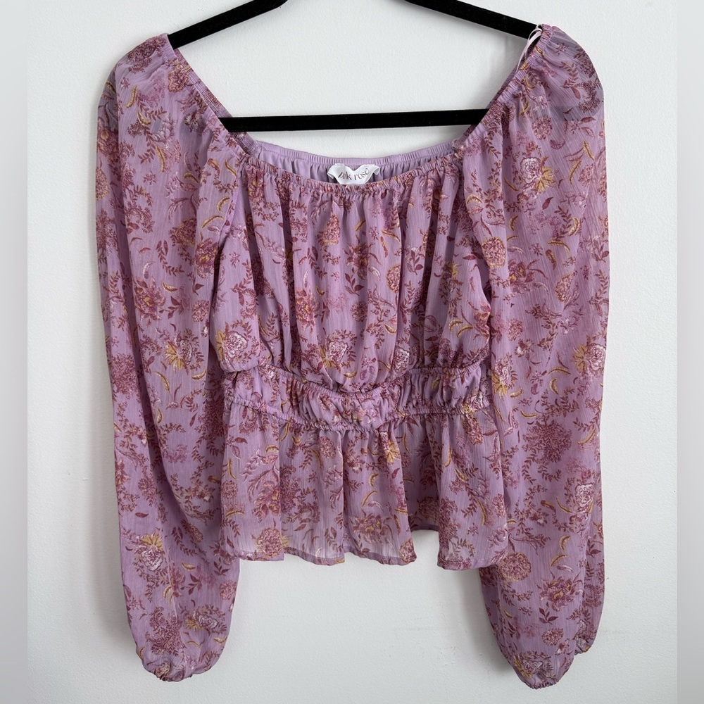 Pink Rose Purple Floral Squareneck Puff Sleeves Cottagecore Blouse Top Small